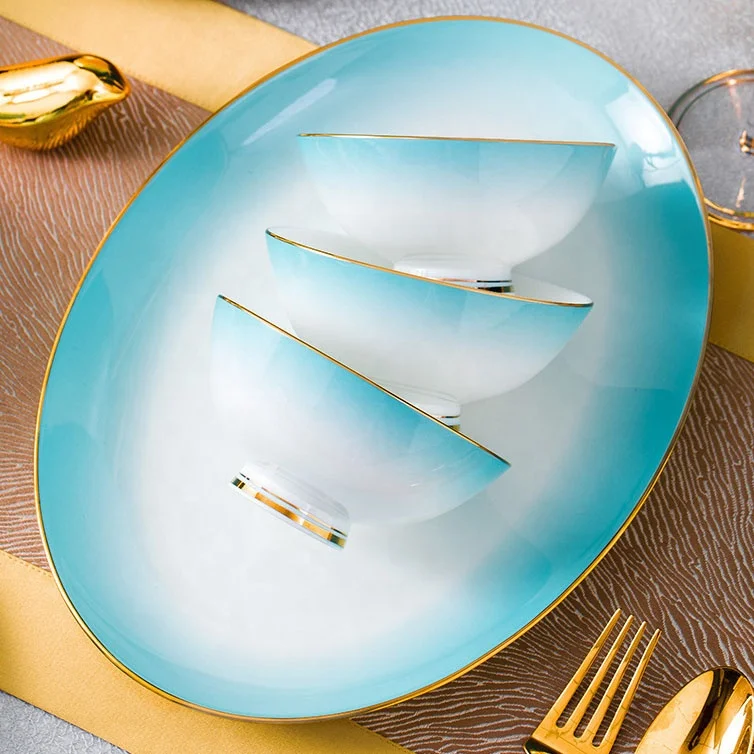 Ceramic tableware Gradual blue dishes Set high-grade bone china tableware 60 head wholesale gifts Home