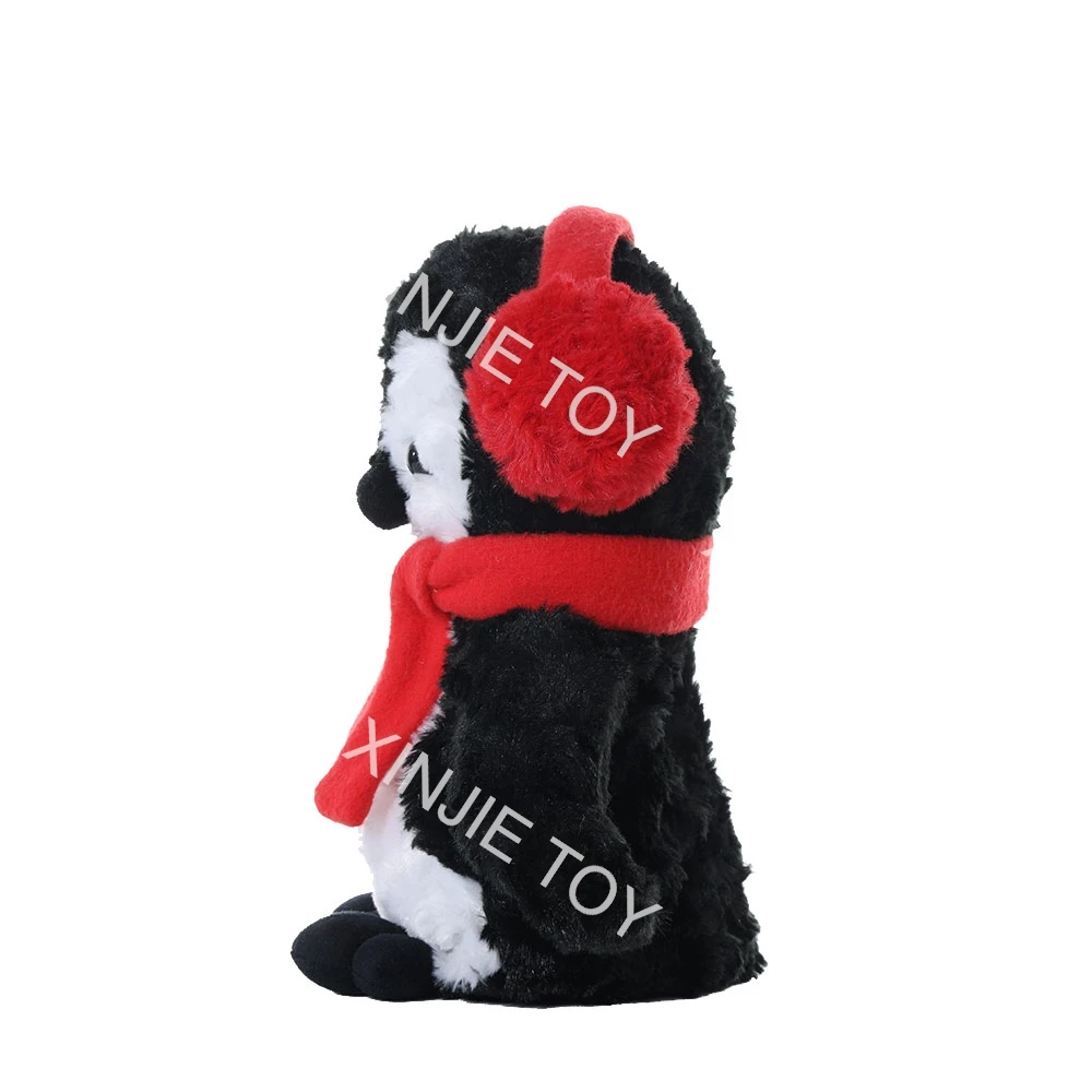 Soft 25 cm black penguin custom plush toy with red headset red scarf Penguin Wholesale Soft penguin custom plush toy