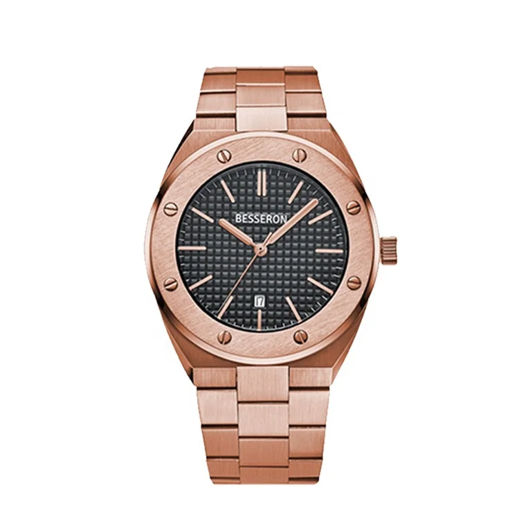 Besseron Hot Sale Watch 5Atm Water Resistant Mens Men Luxury 316 Gold Stainless Steel Case Face Quartz Watch