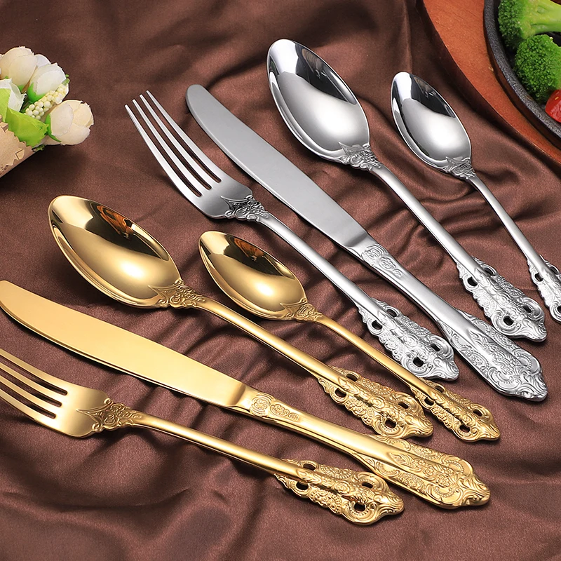 Vintage 18/10 Stainless Steel Food Grade Cutlery Sets,Baroque Style Flatware Sets For Wedding Events