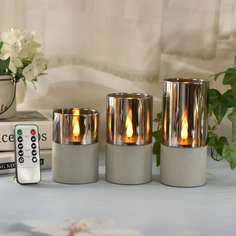 3 pcs/set Factory Direct LED Wax Candles Pillar Style in Faux Cement Shell Battery Operated for Elegant Home Accents