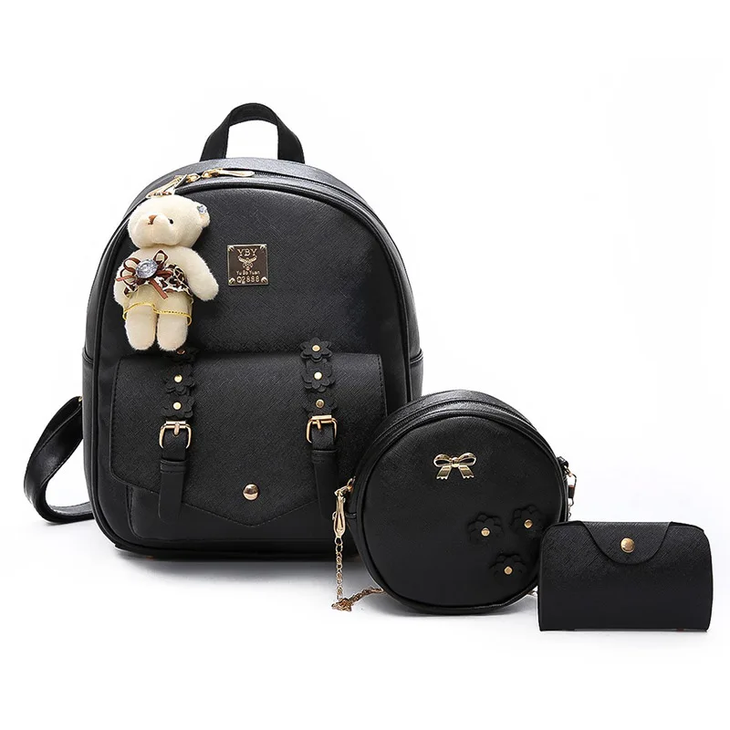
Wholesale Fashion Waterproof PU Korean Large Capacity Backpack 3 Piece Set Schoolbag with Bear Pendant Girls Handbag 