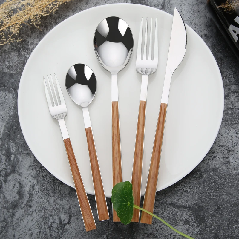 
High Quality Plastic Abs Wooden Grain Handle Flatware Stainless Steel 18/10 Cutlery Set With Black Handle 