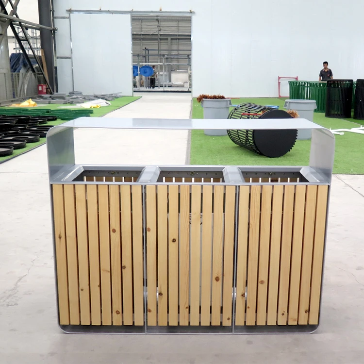 3/4 Compartment open top stainless steel wood recycling outdoor and indoor trash can 3 Compartment Recycling Bins recycling bin