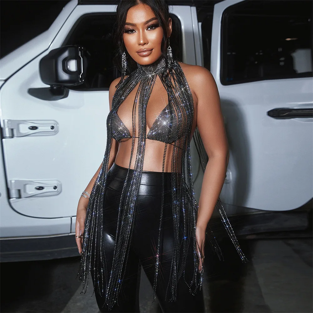 Crystal Bikini Fashion Streetwear Custom Shiny Glitter Long Tassel Rhinestone Body Bra Chain Jewelry And Bra Top Set