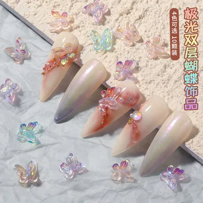 ND896 10pcs Double Crystal Butterfly Design 3D Nail Charms Resin Manicure Jewelry Accessories For Nail Art Decoration