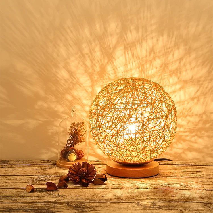 Modern Bedside LED Night Light Ball Rattan Lampshade Table Moon Lamp Empire Wood & Rattan Electric Living Room White 220V 60 90