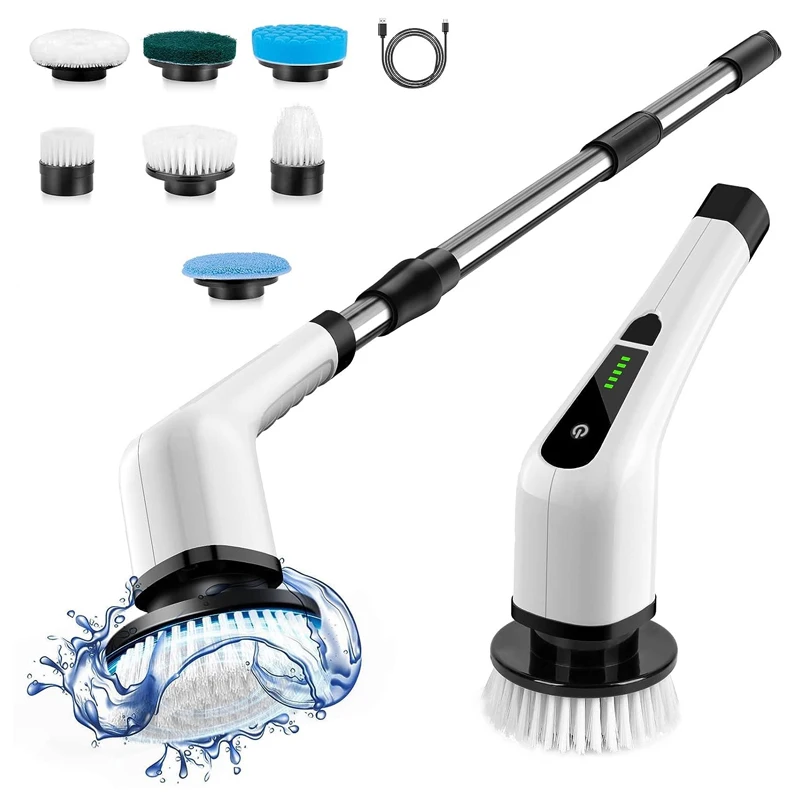Adjustable Handle Extension 7 Heads Electric Spin Scrubber Cordless Bath Tub Kitchen Cleaner Brush For Cleaning Floor Scrubber