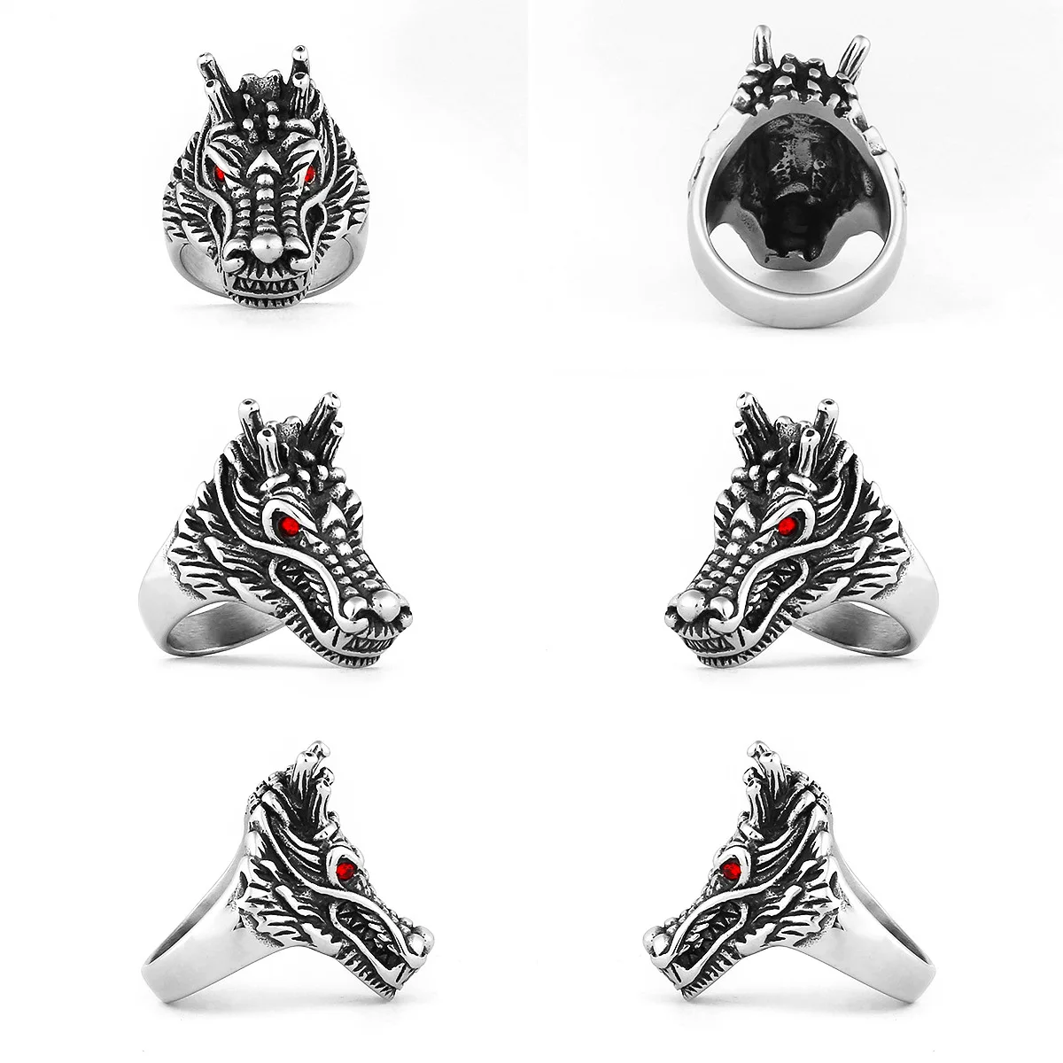 Vintage Viking Nodic Red Eye Dragon Ring Retro Men Stainless Steel Dragon Head Ring for Animal Hip Hop Biker Jewelry