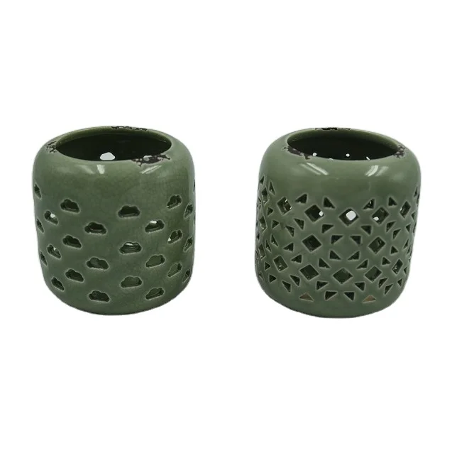 Hollow pattern ceramic lanterns indoor and outdoor  decorated pearl glaze wind lanterns candle holder light
