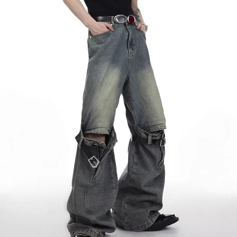 Blue team custom vintage wash loose flared grey hole oversized men denim pants manufacturer fashion hip hop mens jeans