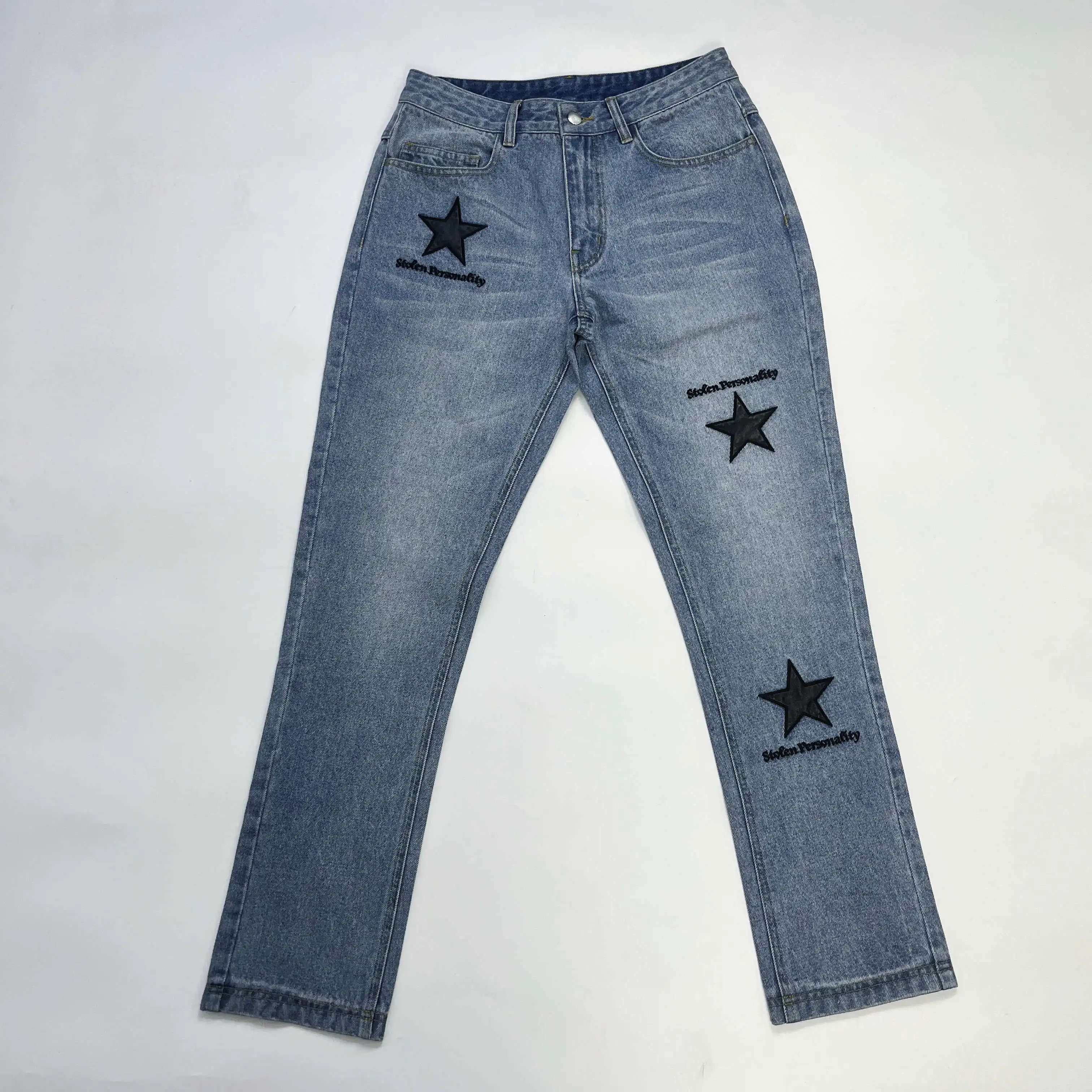 ANYU Custom high quality screen print street wear trouser antique finish distress men flare pants baggy rhinestone sweatpants