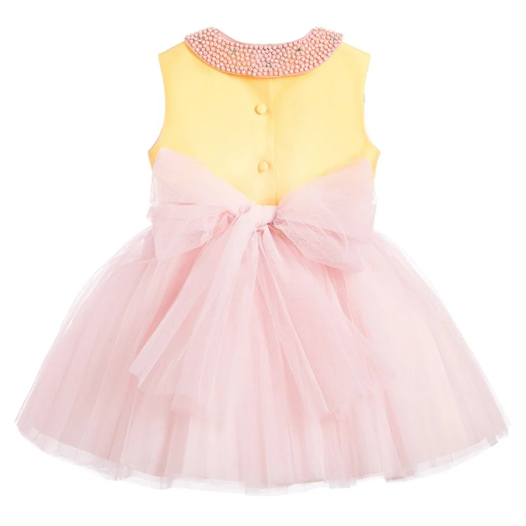 Stylish high end new design baby girl dress sleeveless pink and yellow tulle party kids clothes girls dresses