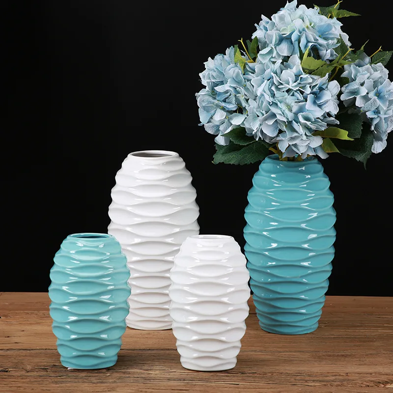 European Modern White Blue Corrugated Design Ceramic Vase Ornament Wholesale Flower Vases