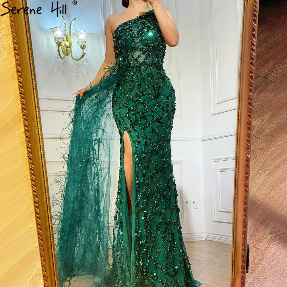 Liu Ming Wholesale 2024 Elegant Women Sexy One Shoulder Sleeveless Shiny Sequined Feather High Split Gown Evening Maxi Dress