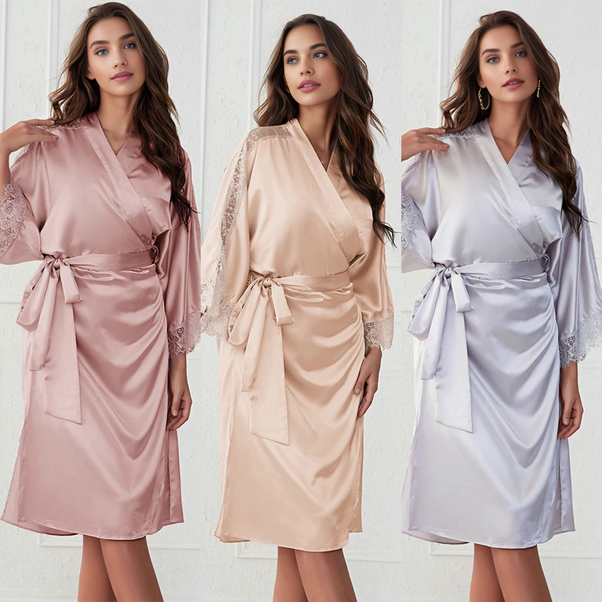 SPA Luxury Lace Solid Color Lace-up Bath Robe For Women Satin Robes Women Long Bathrobe Shower