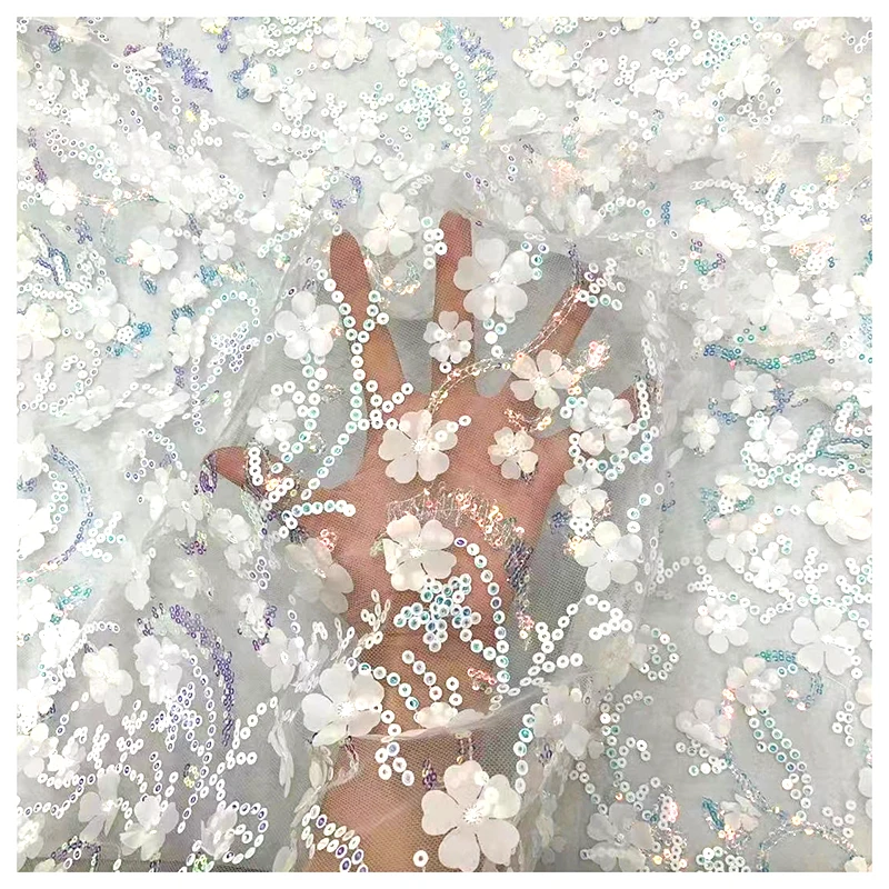 TDS008 Custom Multicolor 3D Floral Embroidered Tulle Lace Fabric for Dress Sequin Embroidered Tulle Mesh Fabric