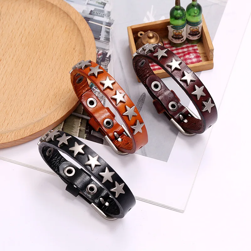 2024 New Star Punk Real Leather Bracelet For Men Women Spiked Bangle Goth Jewelry Cosplay Emo Clothes Accessories