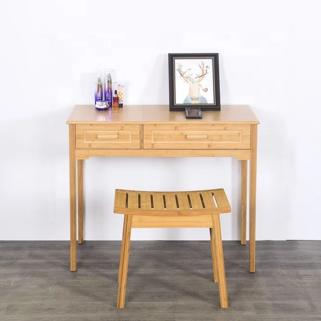 Bamboo Makeup Vanity Table Desk with Stool Flip-top Mirror 2 Drawers Deep Storage Alcove Girls Dressing Table Set for Bedroom