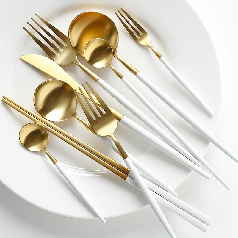 
Pvd gold plated spoons forks and knives cutlery set for wedding events 