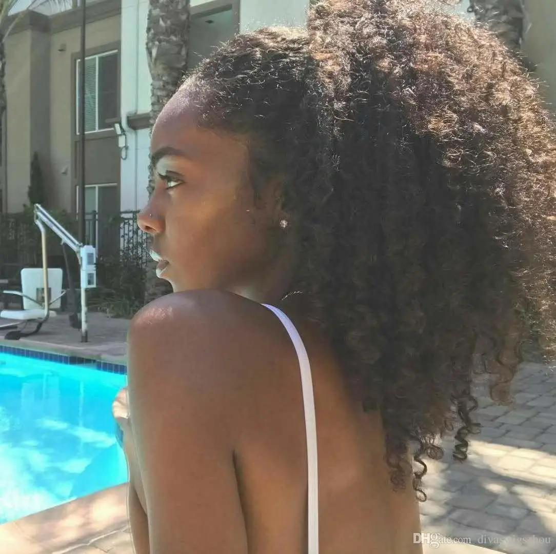 Оптовая продажа, 100% человеческие бразильские волосы для наращивания конского хвоста на шнурке, 120 г, темно-коричневый курчавый хвост