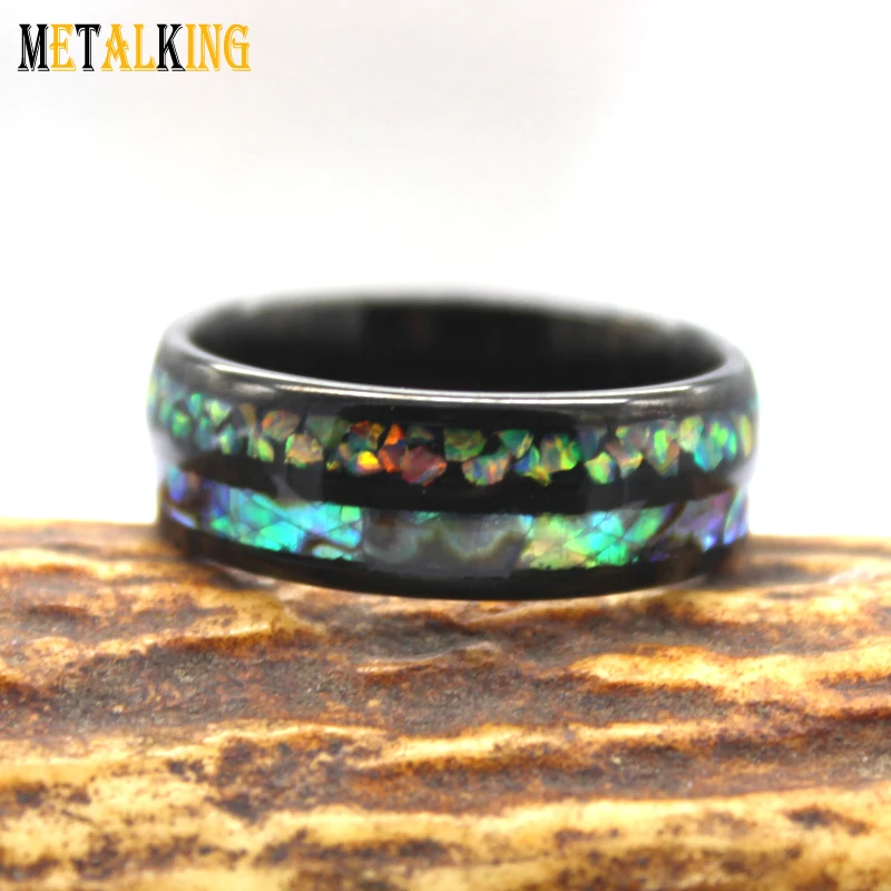 Свадебный браслет из карбида вольфрама 8 мм с опалом и морской раковиной, инкрустация черным и купольным покрытием