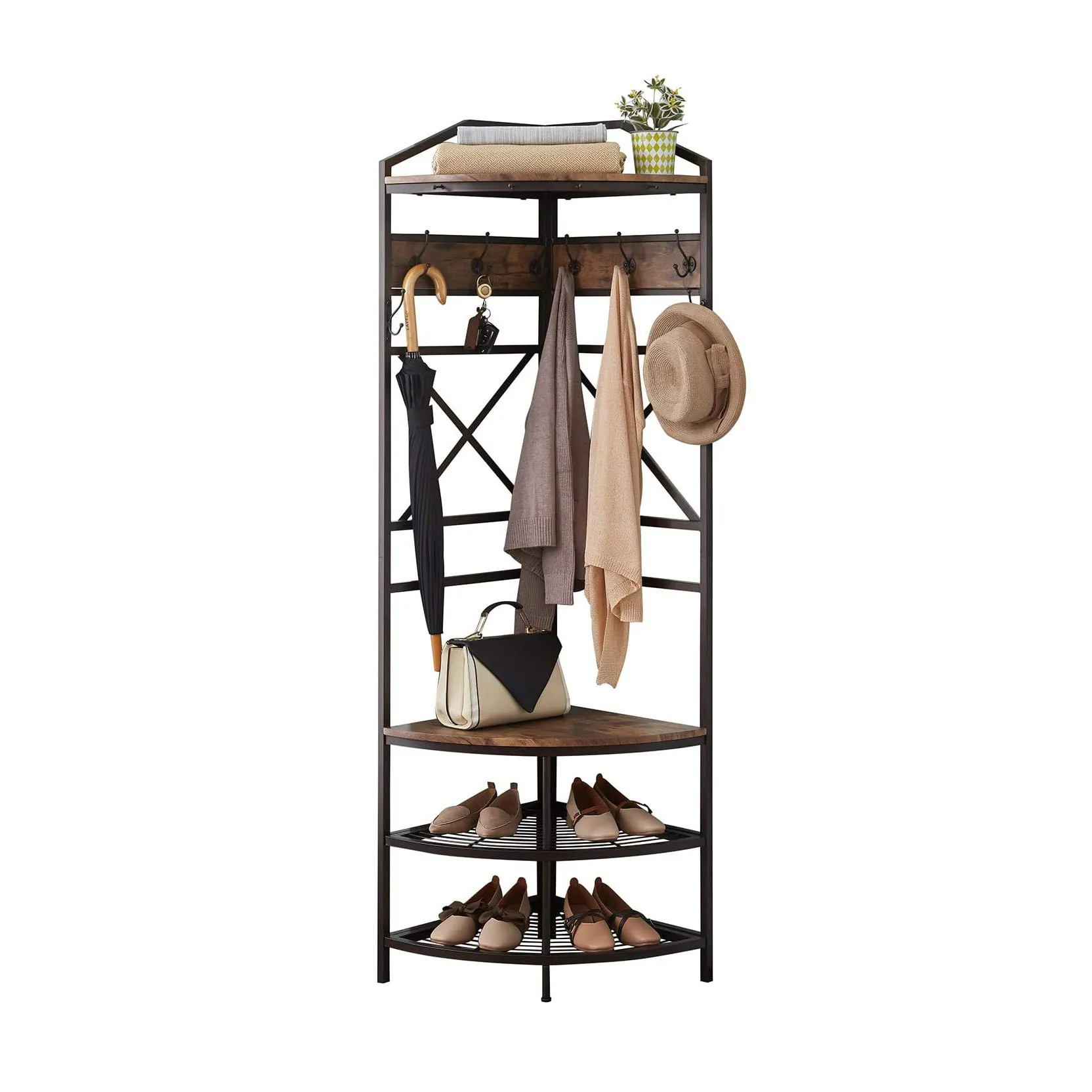 Винтажное Угловое дерево с скамейкой для обуви, вешалка для пальто с 6 двойными крючками, коричневая ретро