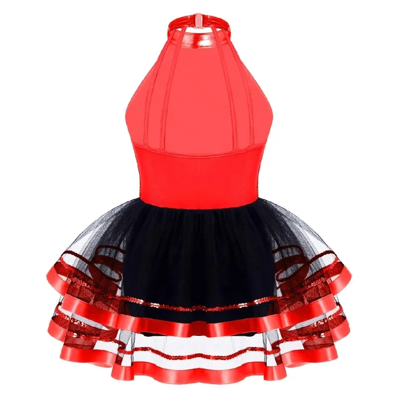 4-16 Kids Dance Costume Girls Stylish Clothing Sleeveless Round Sequins Tutu Mesh Dance Dress