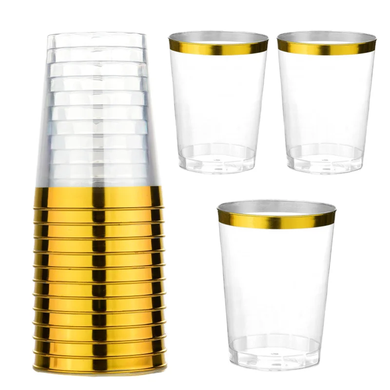 Golden Plastic Rim Cup 10oz Hard Disposable Wine Party Wedding Transparent Gold cup