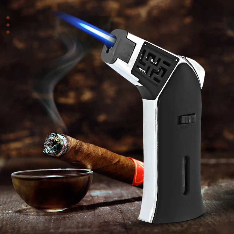 Gf-868 New Selling High Quality Modern Design Cigar Butane Lighter Candle Kitchen Refillable Black Gas Torch Lighter Jet Flame