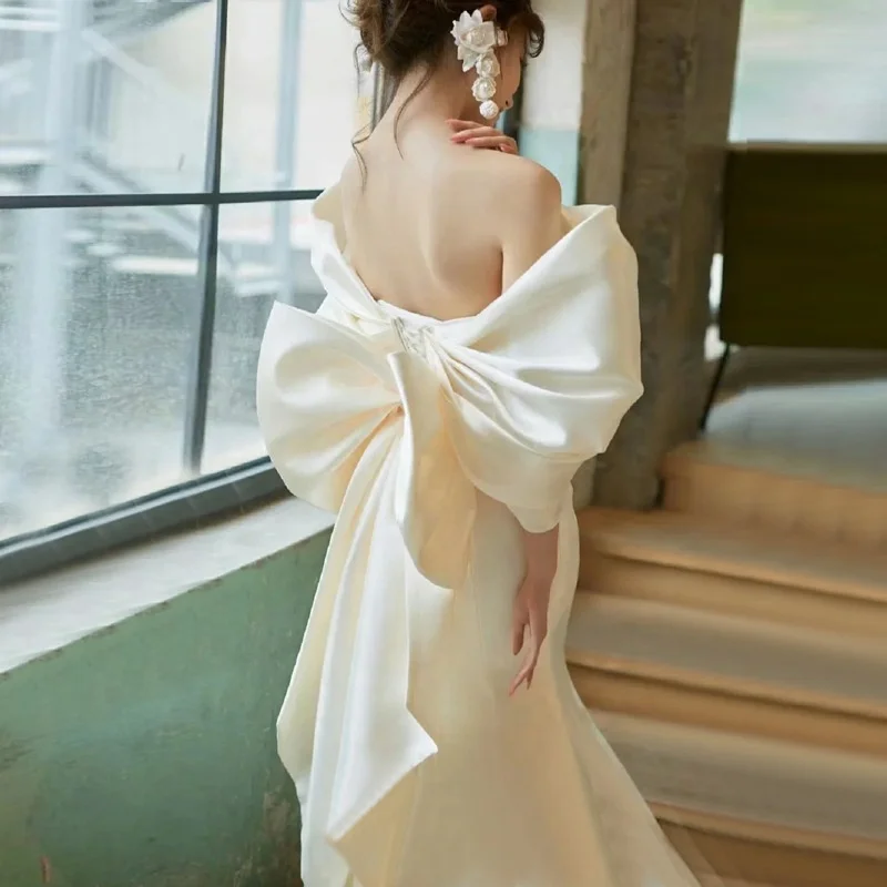 2023 Spring and Summer Bride French Simple Bow Wedding Dress One Shoulder Satin Mermaid Dresses Bohemian Lace-up Wedding Dress