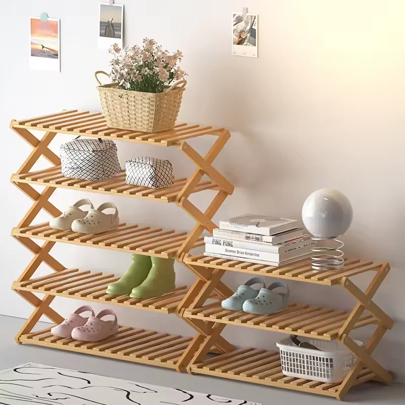 Customized 6-Tier Natural Bamboo Free Standing Shoe Racks Stackable Shoes Organizer Sturdy Multifunctional Bamboo Shoe Rack