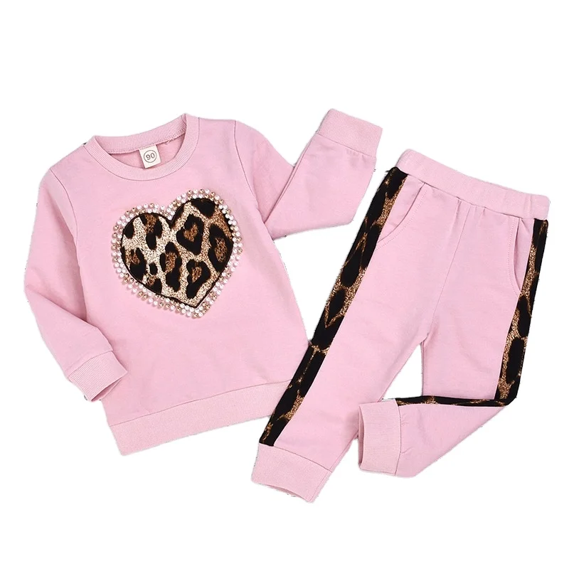 2Pcs Toddler Baby Girl Clothes Long Sleeve Leopard Love heart Top and Pants Tracksuit