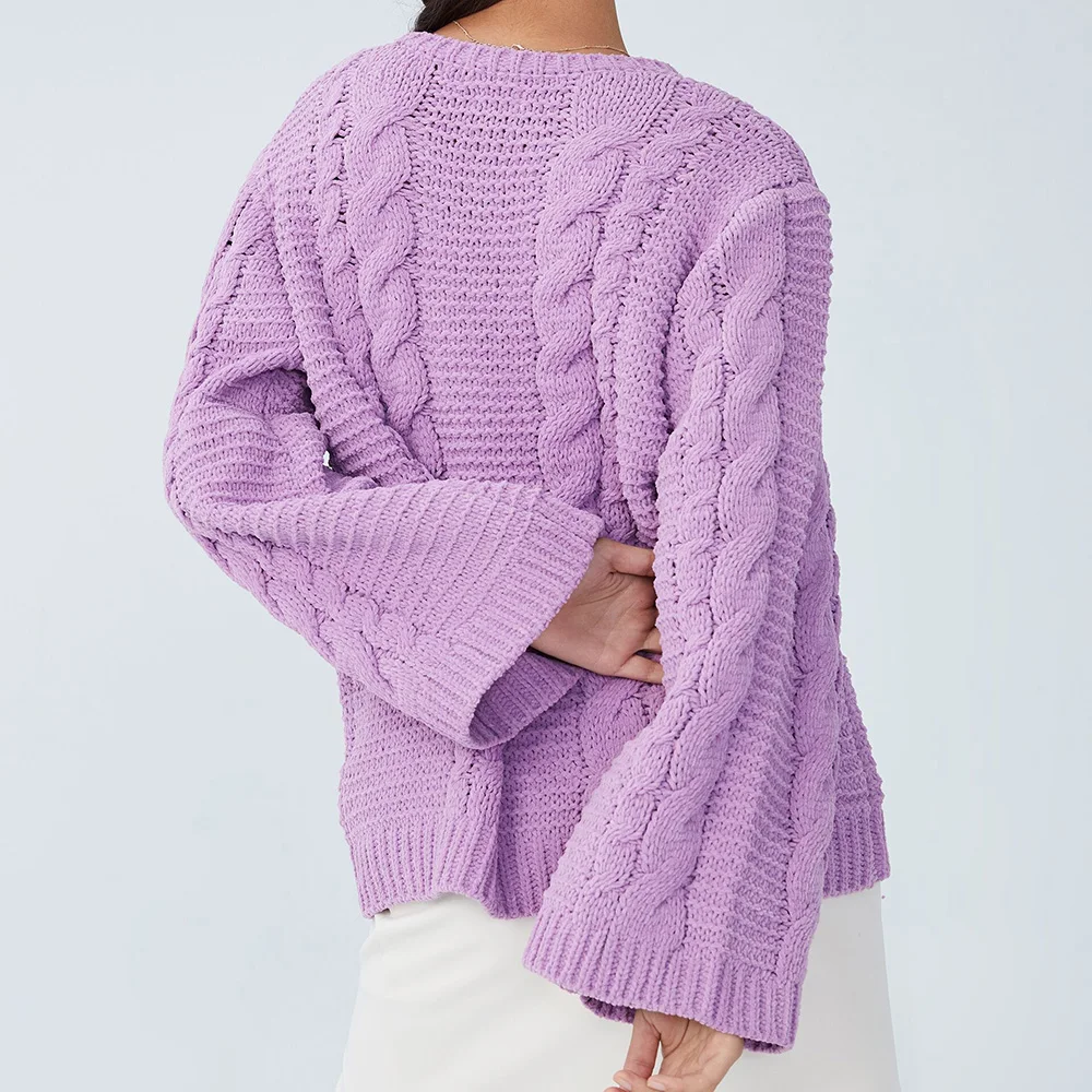 OEM manufacturer ladies fashion trumpet sleeve crew neck pullover cable knitted sweater for women