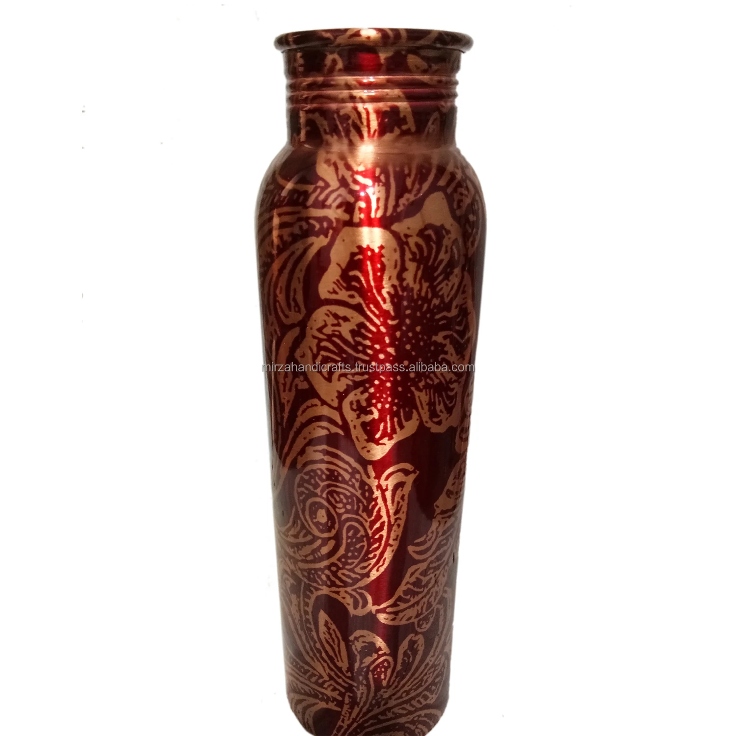 Elegant Pure Copper Heat Printed Bottle With 2 Copper glass and flower Design set of 3 Pieces Made of high quality