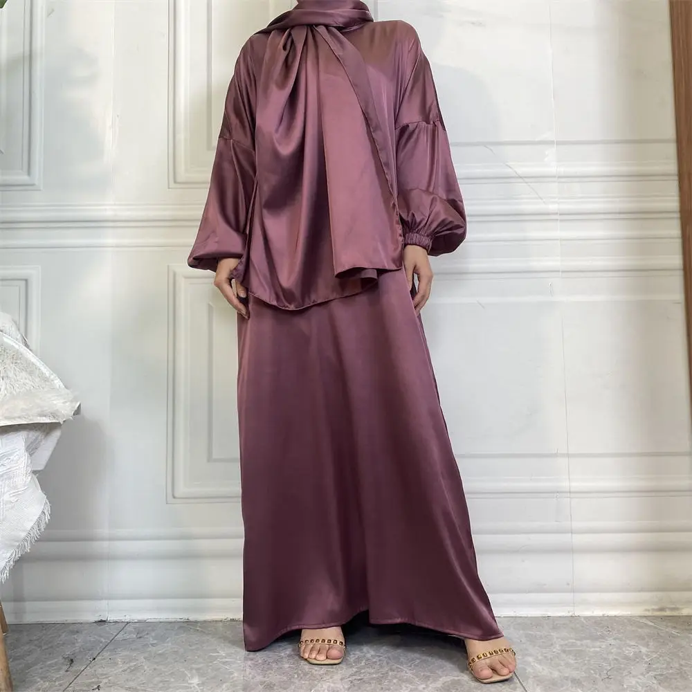 6675# New Style Satin Muslim Long Dress with Hijab Pray Islamic Women Saudi Arabia Modest Dresses