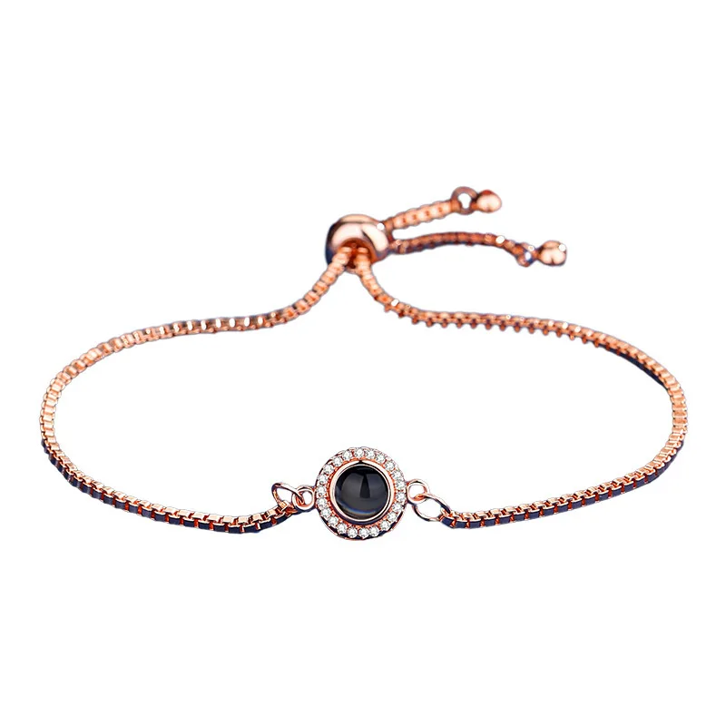 DUYIZHAO Hot Diamond Photo Projection Gold Bracelet I Love You in 100 Language Adjustable for Men Women Couple