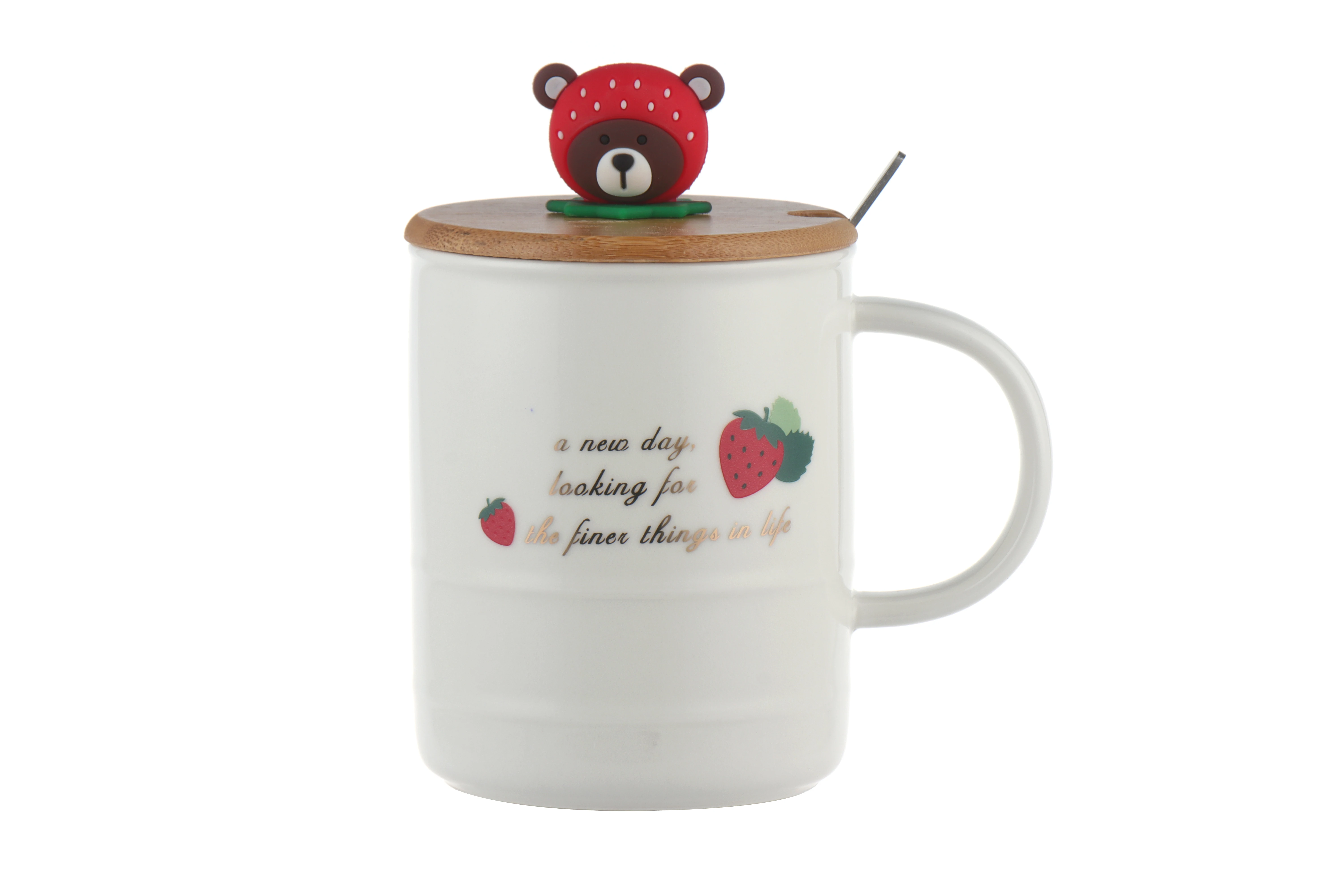 New Design Pink Strawberry Tall Glazed 500ml Pink Ceramic Coffee Cup and Mug for Drinking with Lid and Spoon Ceramic Coffee Mugs