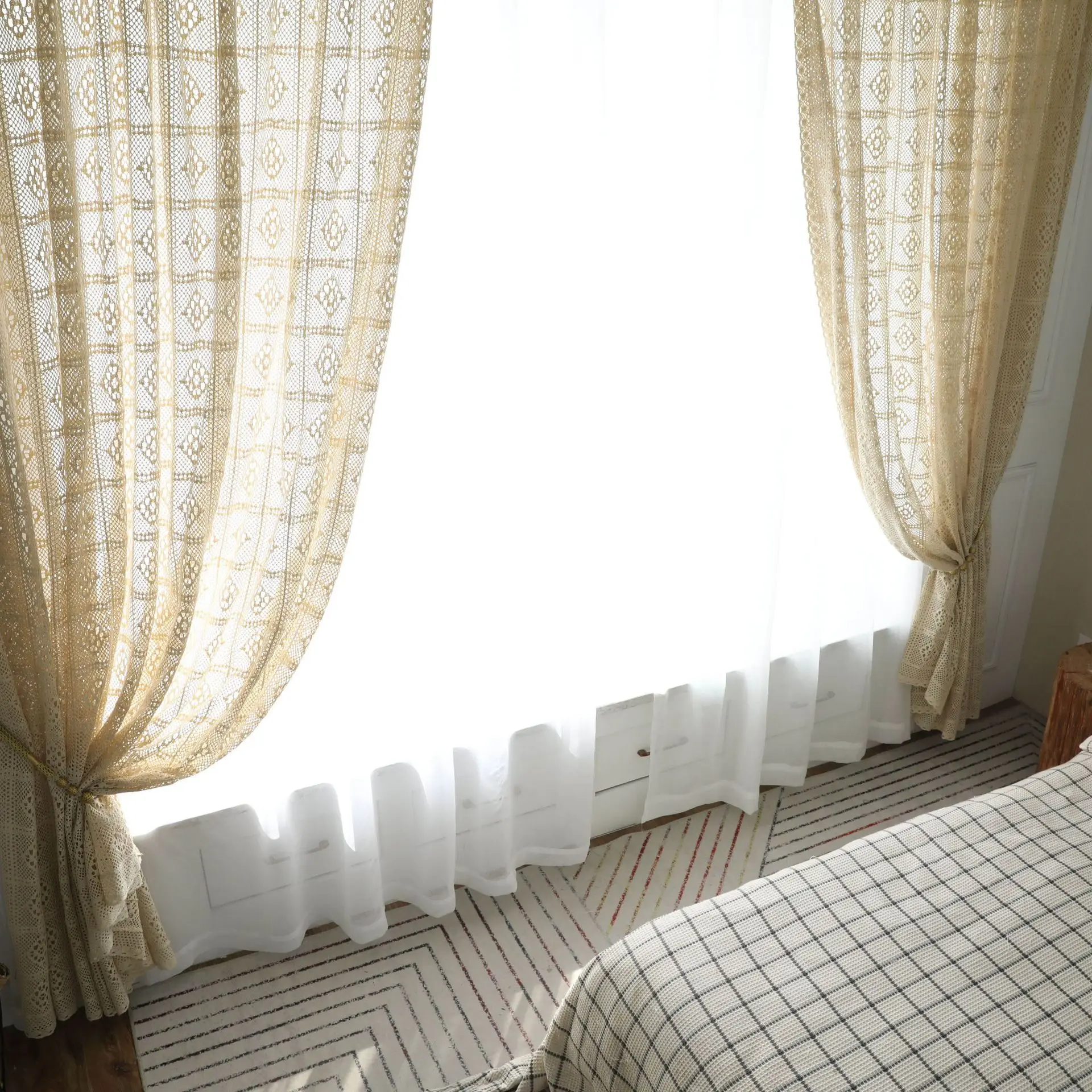 Wholesale Polyester Cotton Fabric American Pastoral Style Handmade Crochet Curtains Living Room Bohemian Style Printed Curtain