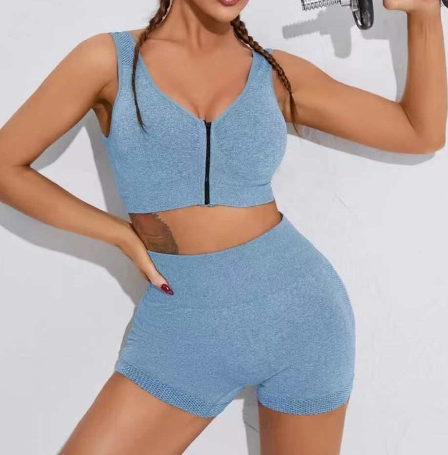 2024 Fashion Custom Sexy Zip Up Scrunch Butt Gym Wear Seamless Activewear Women Fitness Yoga Short Sets