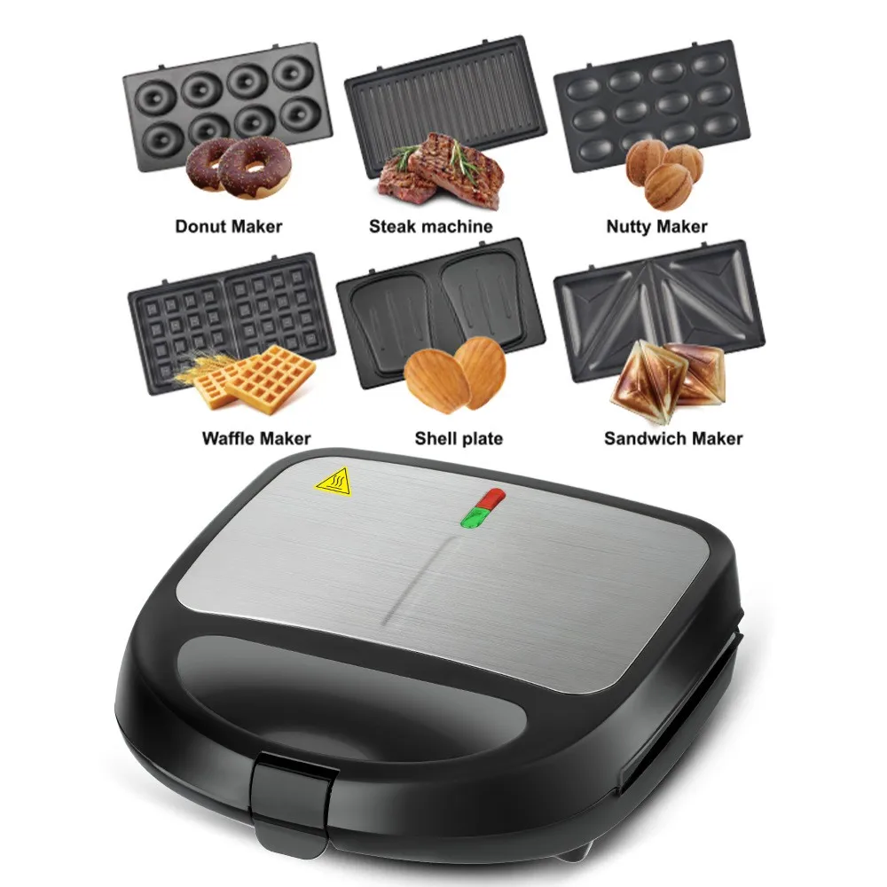 WONDERFUL Multifunctional 6 in 1 Donut Nuts Maker Toaster Grill Panini Waffle Breakfast Maker Electric Sandwich Maker