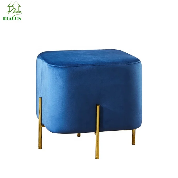 Modern Home use Fabric Square Ottoman Stainless Steel Gold Finish Velvet Foot Stool