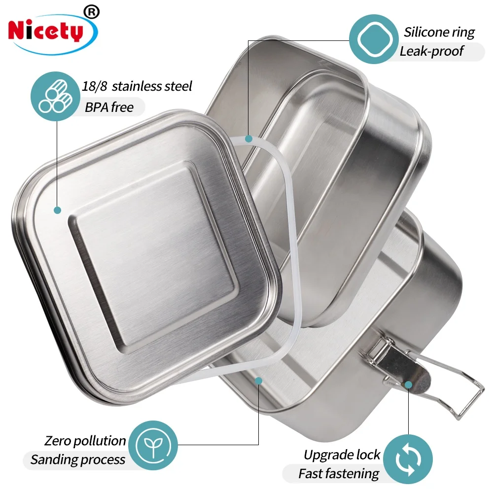 Square Lunch Box With Stainless Steel Complete Meal Prep 2 Layer Bento Box For Adult Leakproof Food Containers For Kids