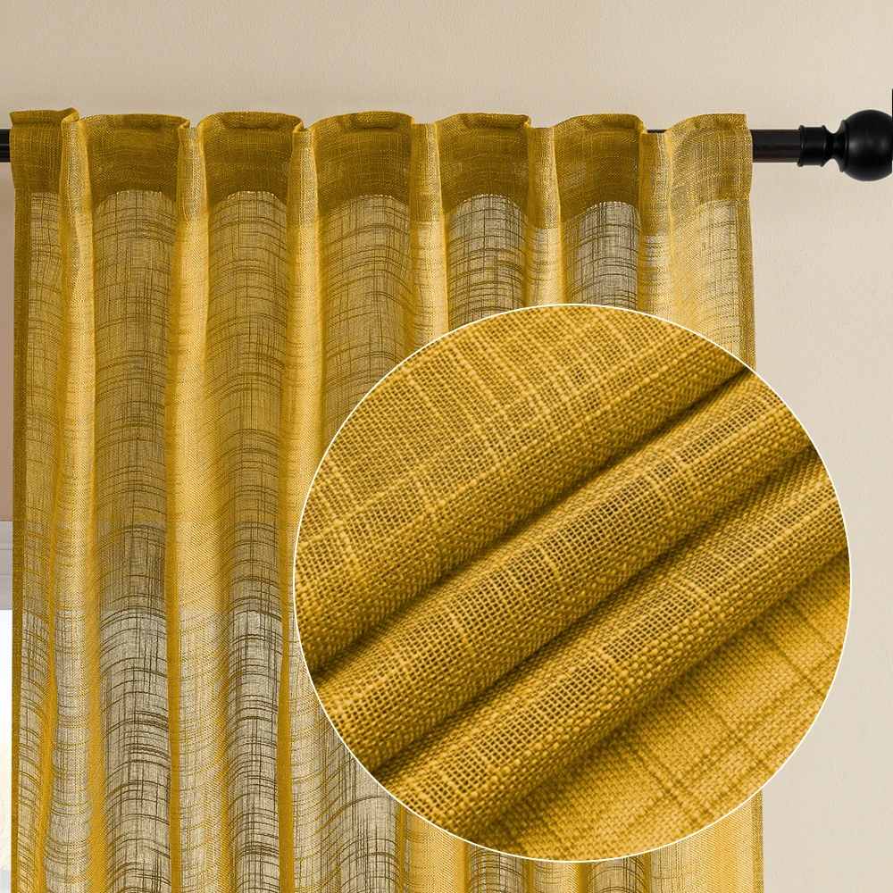 mustard  Linen Feeling Semi Sheer Top Grommet Gauze Sheer Voile Curtains for The Living Room Bedroom