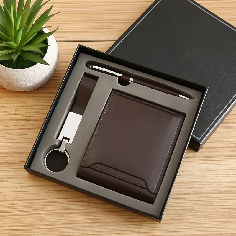 Promotional office business custom logo giveaway souvenir Men wallet pen keychain set box corporate gift set