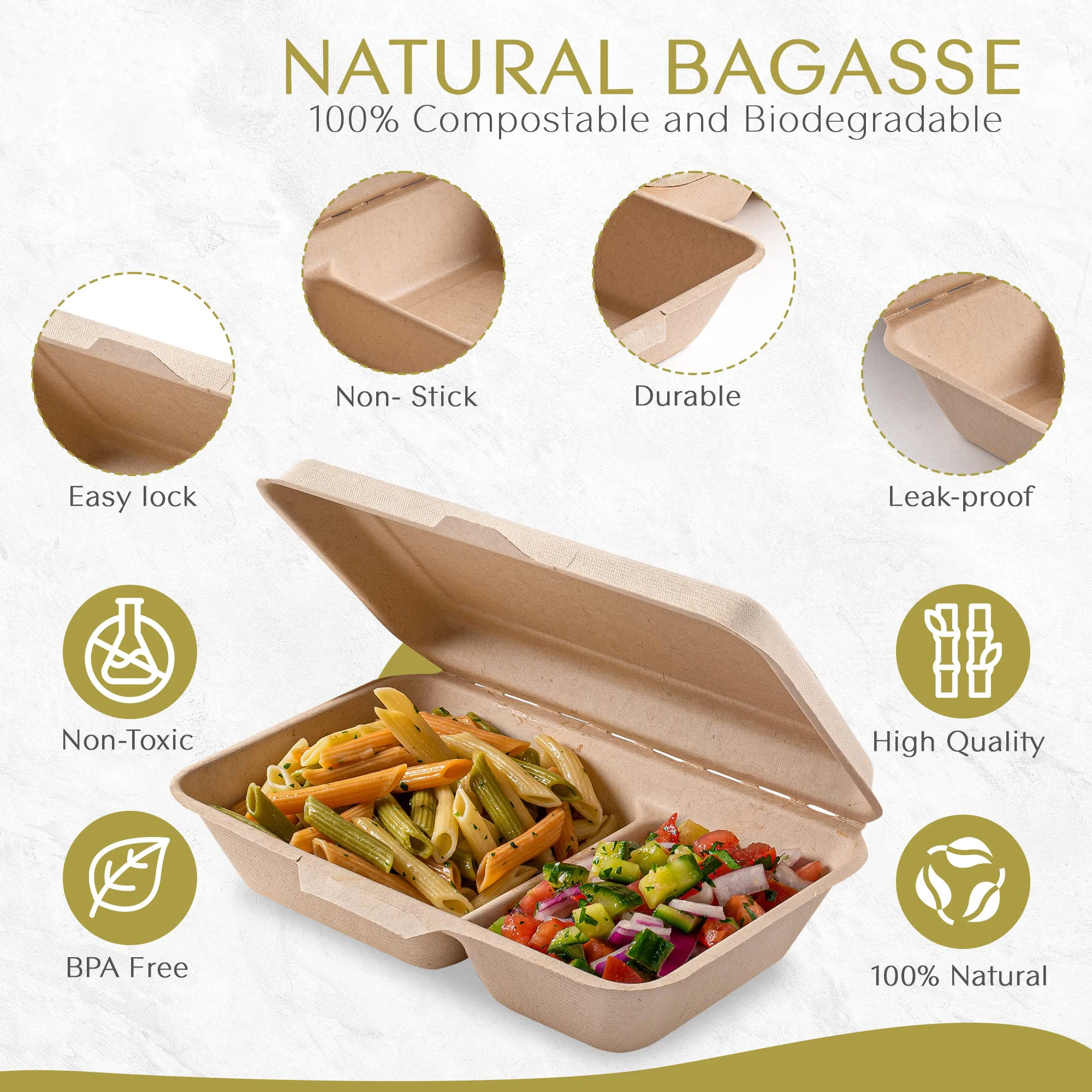 OBM Kuoshi Biodegradable Eco Sugarcane Packaging Bagasse Clamshell Burger Takeaway Boxes Custom 2 Compartment Paper Food Accept