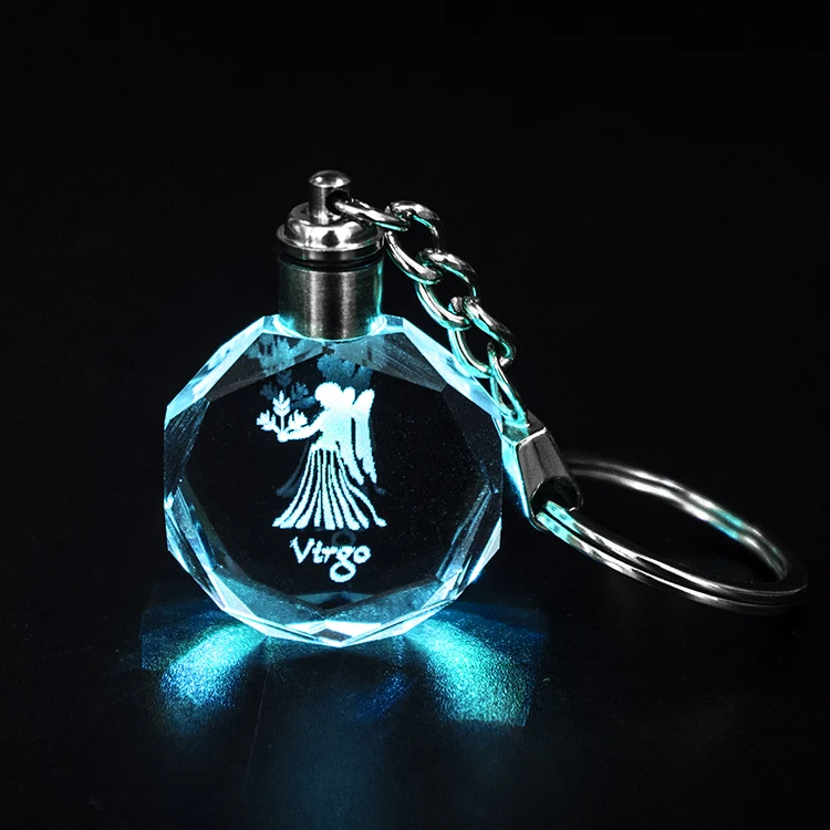 Cheap wholesale 12 zodiac Gemini crystal keychain led light healing crystal keychain for Souvenir Gift