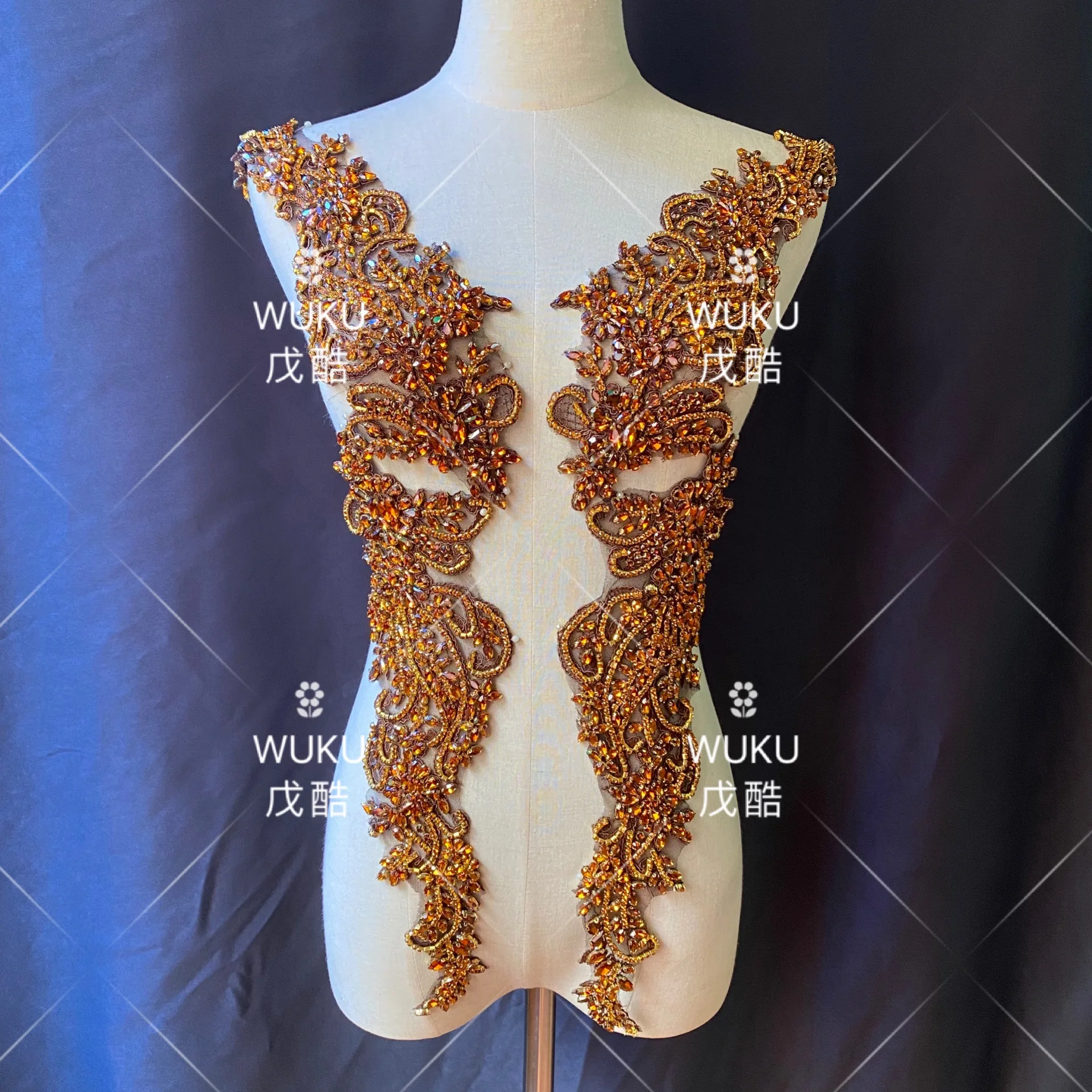 wuku wedding dress lace encrusted bling bling crystal applique patch in coffee brown