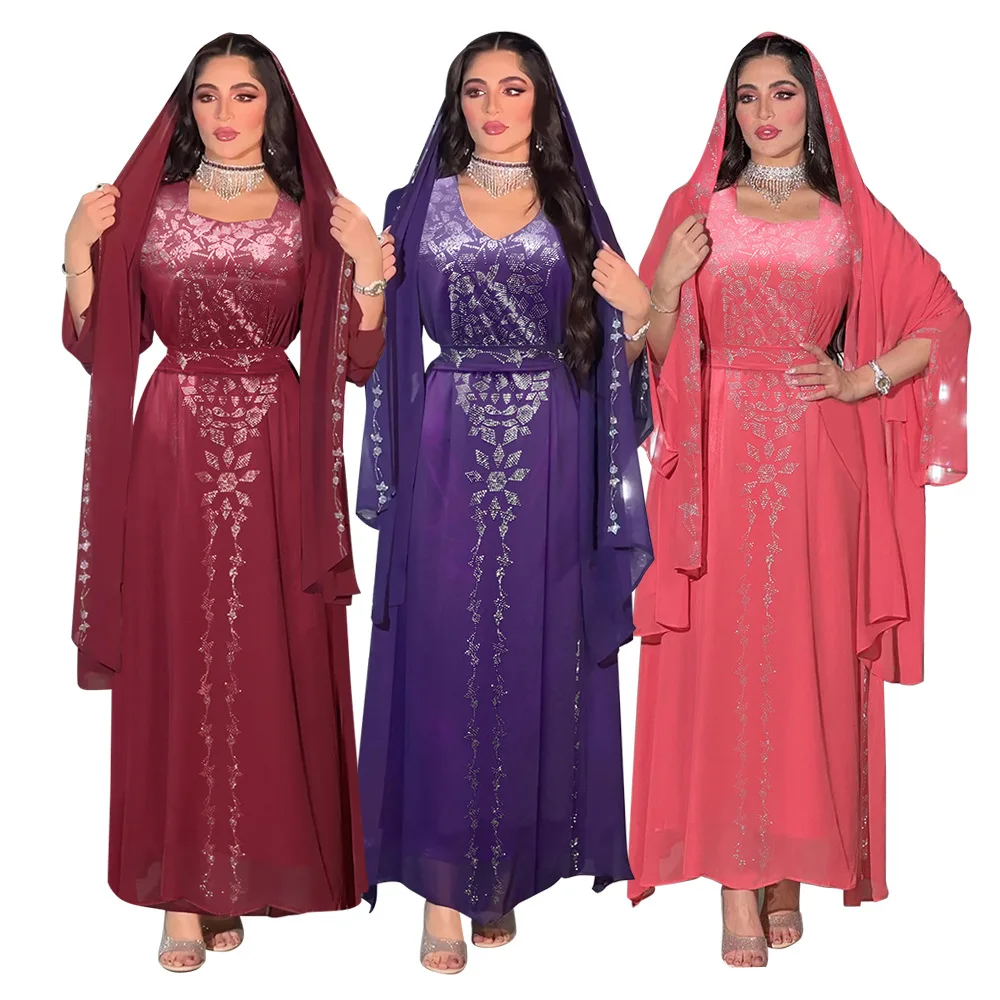 Middle East New Veil Net Thin Dress Robe Muslim Dubai Women Plain Cloth Dress Arab Long Sleeve Maxi Abaya Diamond Dress Kaftan