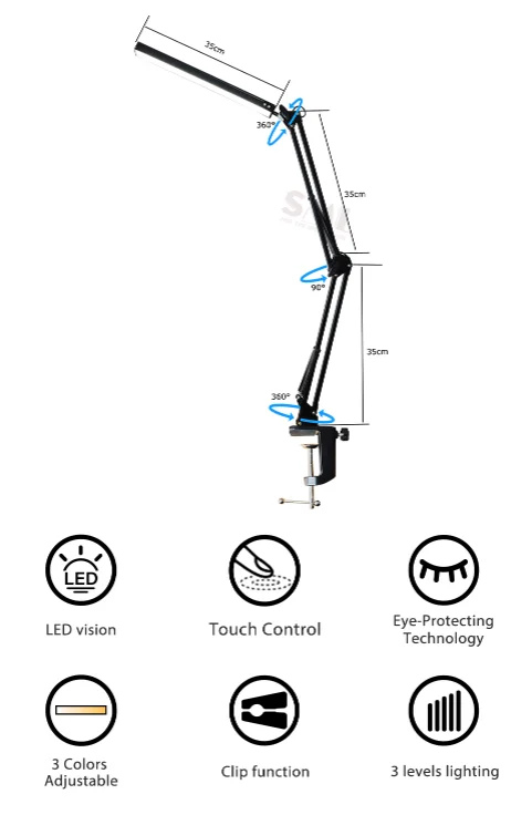 SML Three Grade Dimming Desk Light Office Study  LED Lamp with Timing Function Swing Arm Table Lamps